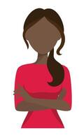 Faceless Black woman standing with her hands crossed in front of her. She has straight hair pulled into a ponytail that rests on her shoulder. Her posture is confident yet composed vector