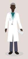 Faceless male doctor, standing confidently with a stethoscope around his neck and notepad or clipboard in hand. He wears a professional medical outfit, symbolizing experience, care, and authority vector