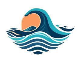 Minimalist illustration of a high wave at sunset, on a otherwise calm sea. Ideal for surfing and beach themes vector
