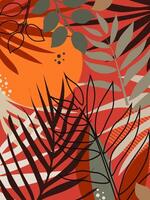 Tropical branches and leaves against the backdrop of the evening sunset. vector