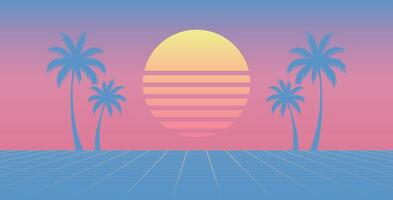 Retro 80s Sunset with Palm Trees and Grid Landscape vector
