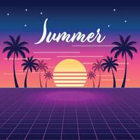 Retrowave Summer Sunset with Palm Trees and Grid Landscape. A vibrant, retro-futuristic illustration featuring a large, striped sunset, silhouetted palm trees, and a perspective grid vector