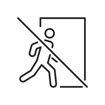 Person Exiting Door Prohibited Line Icon. No Entry, Restricted Access, And Unauthorized Exit Warning Outline Symbol. Safety And Security Signage. Editable Stroke. Isolated Illustration vector