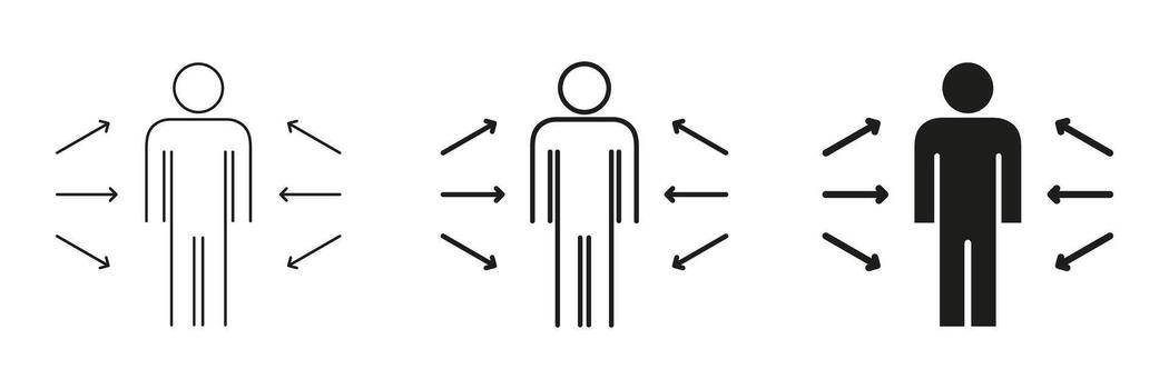 Human Figure With Arrows Line And Solid Icon Set. Personal Space, Influence, And Interaction Outline And Silhouette Symbol. Social Dynamics And Communication. Isolated Illustration vector