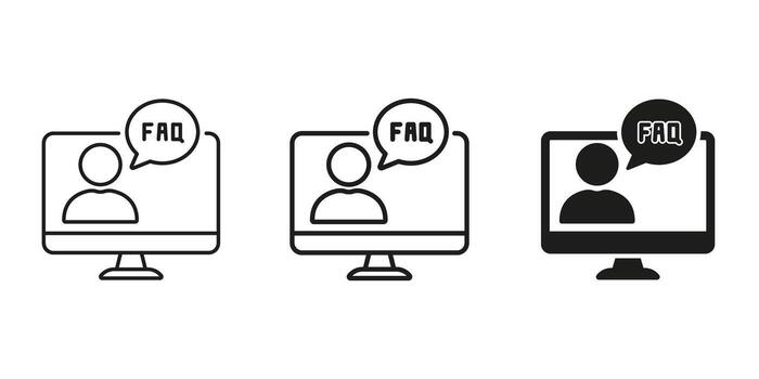 computadora pantalla con Preguntas más frecuentes habla burbuja icono colocar. en línea apoyo, cliente servicio, información asistencia símbolo recopilación. usuario Guia y ayuda escritorio representación. aislado ilustración vector