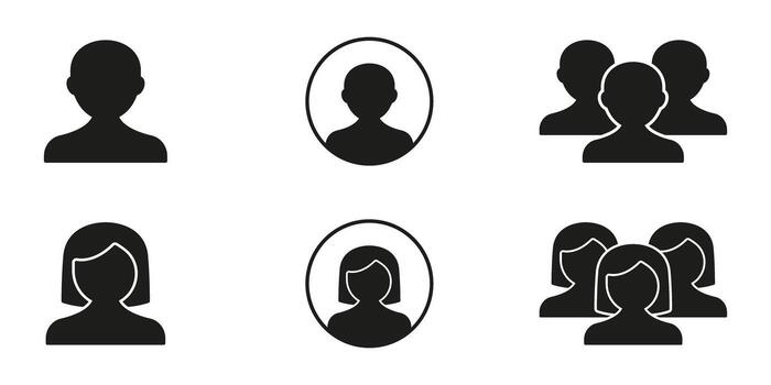 User Profile And Group Silhouette Icon Set. Individual And Team Symbol Collection. Personal And Community Identity, Social Network and User Interface Design. Isolated Illustration vector
