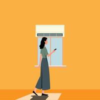 A woman is standing near a window looking at her phone vector