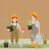 Couple gardening with plants and tools vector