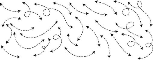 Curve dotted line arrow double side set. Zigzag arrow stripes design with dotted lines. curved hand drawn arrows. Sketch dashed arrows design. vector