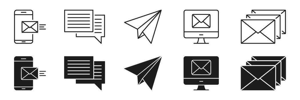 Email And Messaging Communication Line And Solid Icon Set. Digital Correspondence, Mobile Messaging Symbol Collection. Email Delivery And Online Chat Interface. Isolated Illustration vector