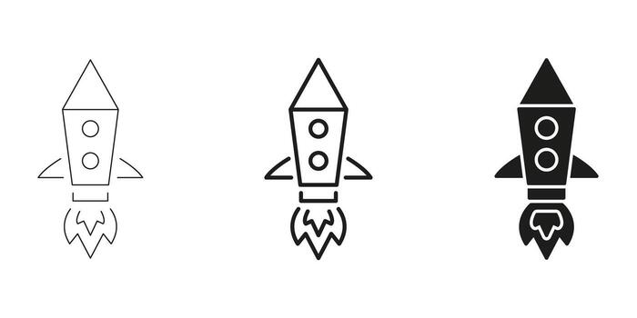 Rocket Launch In Line, Outline, And Glyph Icon Set. Space Exploration, Innovation, And Startup Growth Symbol Collection. Futuristic Technology And Progress. Isolated Illustration vector