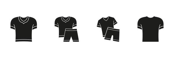 Sportswear And Casual Clothing Solid Icon Set. Athletic Apparel, T-Shirts, And Shorts Silhouette Symbol Collection. Fitness And Leisure Wear Design Elements. Isolated Illustration vector
