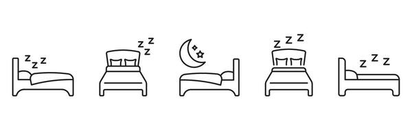 Bed And Sleep Line Icon Set. Restful Sleep, Nighttime Relaxation, And Bedroom Comfort Outline Symbol Collection. Sleep Quality And Relaxation. Editable Stroke. Isolated Illustration vector
