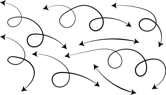 curve line arrow double side set. Spiral dotted line arrow. Sketch curved dashed arrows design. curved hand drawn arrows. Zigzag arrow stripes design with dotted line