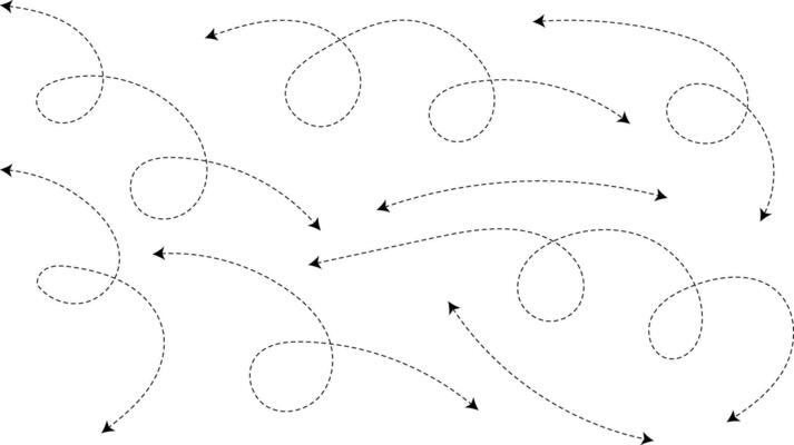 curve line arrow double side set. Spiral dotted line arrow. Sketch curved dashed arrows design. curved hand drawn arrows. Zigzag arrow stripes design with dotted lines