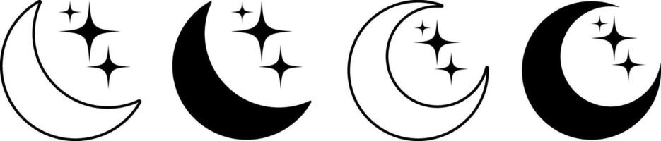 Crescent moon with star icon set. evening sleep calmness and spiritual design. moon and star trendy style. glowing stars decorative. vector