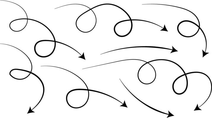 Curve lines arrows. Hand drawn line doodle. curved pointers sign. Sketch curved dashed signpost showing confusing complex path