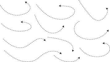 Hand drawn curve dotted line arrow set. Sketch curved dashed arrows design. curved hand drawn arrows. Zigzag arrow stripes design vector