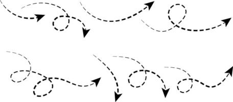 Dashed lines arrows. Hand drawn curve dotted line arrow set. curved pointers sign. Sketch curved dashed arrows. signpost showing a confusing complex path. vector