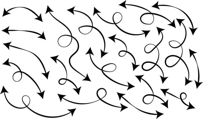 curve line arrow double side set. Spiral dotted line arrow. Sketch curved dashed arrows design. curved hand drawn arrows. Zigzag arrow stripes design with dotted lines.