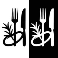 Two black and white images of a fork and knife vector