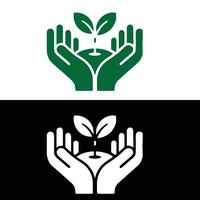 Hands holding a plant and a green leaf icon vector