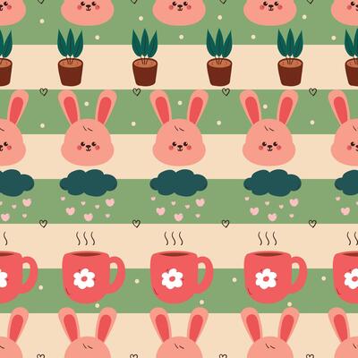 seamless pattern cute cartoon pink bunny with plant, pink cup and clouds. cute animal pattern with stripe background