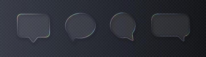 Set of realistic glossy glass speech bubbles in liquid glass style with refraction effect, isolated on dark background. vector