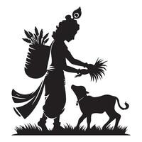 Silhouette icon of Krishna feeding grass to a calf vector