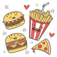 Cute Cartoon Burgers, Fries, and Pizza vector