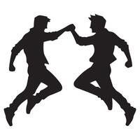Silhouette icon of two people jumping in air with hands raised joyful celebration of friendship vector