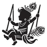 Krishna on Swing with Peacock Feather silhouette design vector