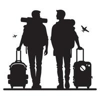 Traveling companions with luggage and backpack, silhouette against the sky with airplanes vector