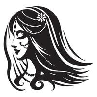 Silhouette icon of Radha side face with veil long hair and bindi elegant minimal black icon vector