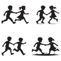 Silhouette icon of two kids running side by side one reaching out to hold the other's hand childhood friendship vector