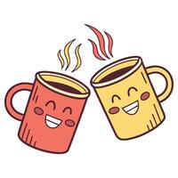Two cheerful coffee mugs clinking together friendship day celebration vector
