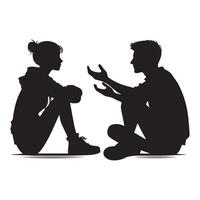 Silhouette of two people sitting cross-legged facing each other deep conversation pose vector