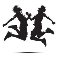 Silhouette two people jumping in air with hands raised joyful celebration of friendship vector