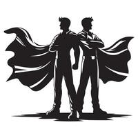 Silhouette of two friends back to back with superhero capes flowing representing each other hero vector