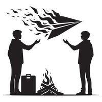 Silhouette of Two Friends Handshaking at Campfire Adventure vector