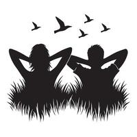 Silhouette Friends Relaxing on Grass Watching Birds Together vector