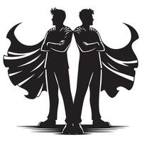 Silhouette of two friends back to back with superhero capes flowing representing each other hero design vector