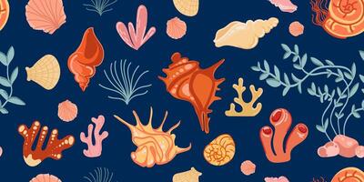 Seamless ocean themed pattern featuring seashells, coral marine plants in vibrant colors on a dark blue background, summer textiles, beach products, wrapping paper,nautical designs. illustration vector