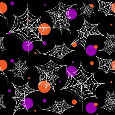Seamless Halloween pattern with white spider webs and orange and purple dots on black background, ideal for seasonal decorations, textiles, party invites, and festive packaging. illustration