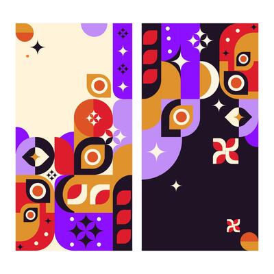 Abstract geometric design templates with retro shapes, stars, and vibrant colors on light and dark backgrounds, ideal for flyers, invitations, cards, cards, posters, branding, textile prints.