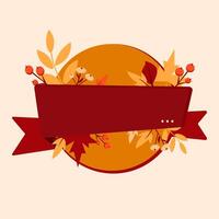 Autumn label with red ribbon, fall leaves, berries in flat style, for seasonal promotions, Thanksgiving invitations, product packaging, greeting cards, or social media graphics vector