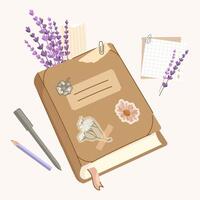 Vintage notebook with floral stickers, lavender sprigs, pen, paper notes in cozy flat lay style, for stationery design,social media,blogs, scrapbooking, creative branding projects. illustration vector