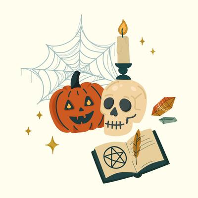 Halloween illustration with pumpkin, skull, candle, spell book, spider web, and stars in vintage style. spooky design, seasonal cards, party invitation, magic themed projects. Witchcraft Decor