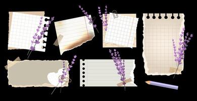 Vintage torn paper notes with lavender flowers set, ripped notebook pages. Memo sheets with lavender sprigs, tape, paper clips, for scrapbooking, moodboards, social media posts. illustration vector