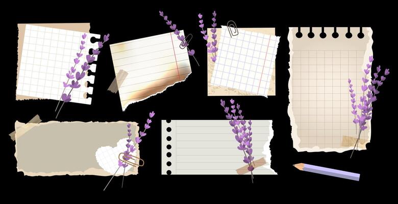 Vintage torn paper notes with lavender flowers set, ripped notebook pages. Memo sheets with lavender sprigs, tape, paper clips, for scrapbooking, moodboards, social media posts. illustration